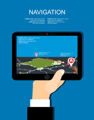 Vector illustration concept of holding tablet with mobile navigation. Flat design modern vector illustration