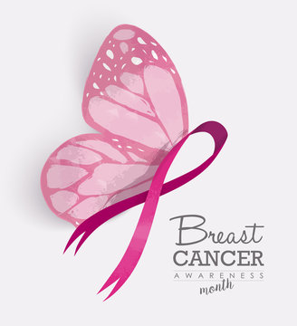 Pink ribbon with butterfly wings for breast cancer