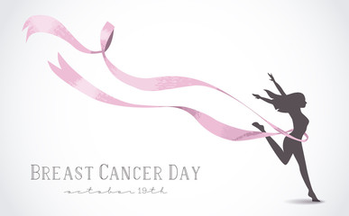 Girl silhouette with pink ribbon for breast cancer