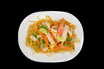 pressed pork spicy salad with vegetables and fired noodle