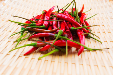 Chili Close up a group of on bamboo tray selected focus
