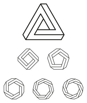 Penrose triangle and polygons outline. The Penrose tribar, an impossible object, appears to be a solid object, made of three straight bars. Further square, pentagon, hexagon, heptagon and octagon.