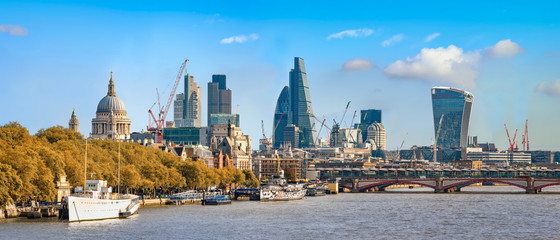 London, United Kingdom - October 25, 2015: Panoramic view of City of London as seen from Waterloo...