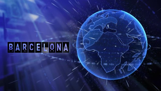 3d animated planet earth with a billboard and the destination of the city of Barcelona