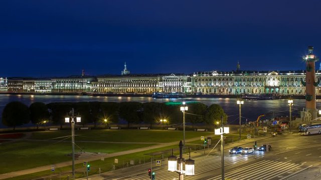 The Palace embankment and the rostral column timelapse June night. St. Petersburg, Russia