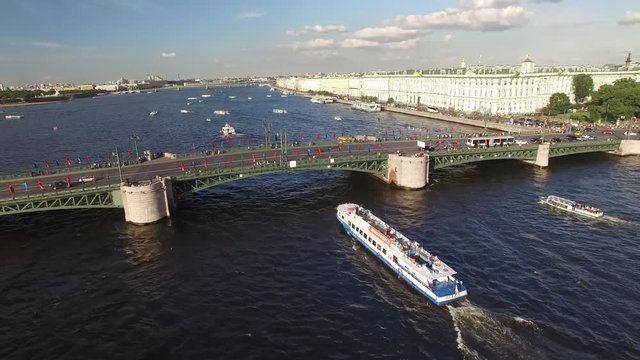 Flight above Neva river in st. Petersburg Russia. Aerial view. City panorama. Winter palace bridge. 4K footage.