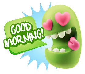 3d Rendering. Emoji in love with heart eyes saying Good Morning