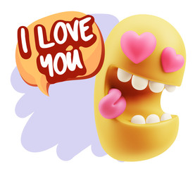 3d Rendering. Emoji in love with heart eyes saying I Love You wi