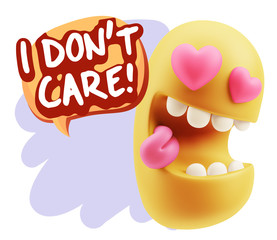 3d Rendering. Emoji in love with heart eyes saying I Don't Care