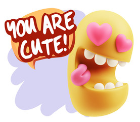 3d Rendering. Emoji in love with heart eyes saying You Are Cute