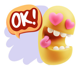 3d Rendering. Emoji in love with heart eyes saying Ok with Color