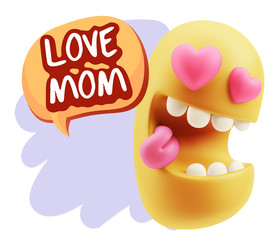 3d Rendering. Emoji in love with heart eyes saying Love Mom with