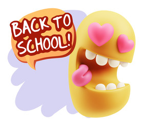 3d Rendering. Emoji in love with heart eyes saying Back To Schoo
