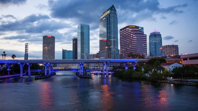 Downtown Tampa, Florida Skyline from day to night, timelapse (logos and faces blurred for commercial use)