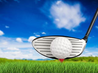 golf club with golf ball on tee side view