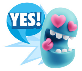 3d Rendering. Emoji in love with heart eyes saying Yes with Colo