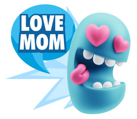 3d Rendering. Emoji in love with heart eyes saying Love Mom with