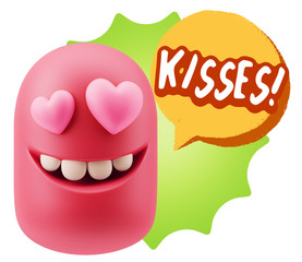 3d Rendering. Emoji in love with heart eyes saying Kisses with C