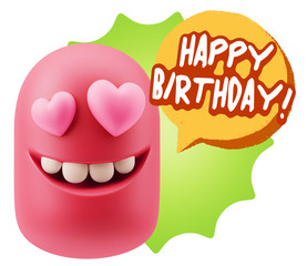 3d Rendering. Emoji in love with heart eyes saying Happy Birthda