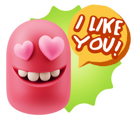 3d Rendering. Emoji in love with heart eyes saying I Like You wi