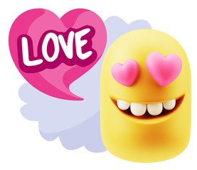 3d Rendering. Emoji in love with heart eyes saying Love with Col