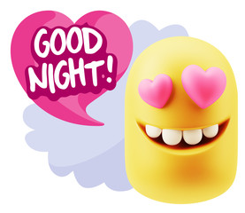 3d Rendering. Emoji in love with heart eyes saying Good Night wi