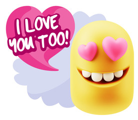 3d Rendering. Emoji in love with heart eyes saying I Love You To