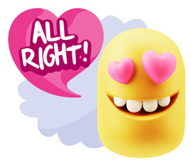 3d Rendering. Emoji in love with heart eyes saying All Right wit