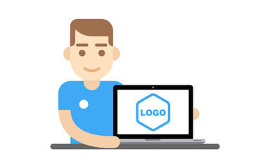 Hipster man presenting project on screen of laptop