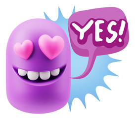 3d Rendering. Emoji in love with heart eyes saying Yes with Colo