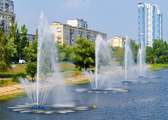 Fountains in Kiev District Rusanivka fountains panorama. Kiev Uk