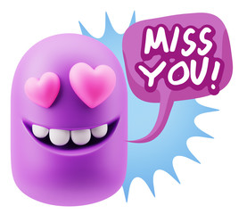 3d Rendering. Emoji in love with heart eyes saying Miss You with