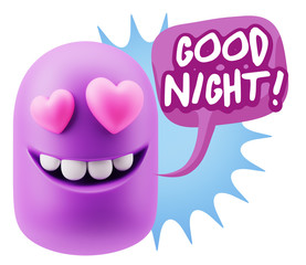 3d Rendering. Emoji in love with heart eyes saying Good Night wi