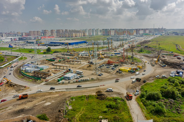 Tyumen, Russia - July 28, 2016: Construction of two-level outcome on bypass road on Fedyuninskogo...