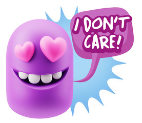 3d Rendering. Emoji in love with heart eyes saying I Don't Care