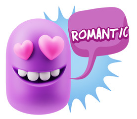 3d Rendering. Emoji in love with heart eyes saying Romantic with