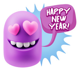 3d Rendering. Emoji in love with heart eyes saying Happy New Yea