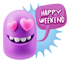 3d Rendering. Emoji in love with heart eyes saying Happy Weekend