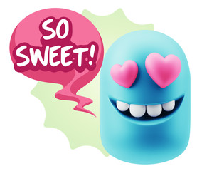 3d Rendering. Emoji in love with heart eyes saying So Sweet with