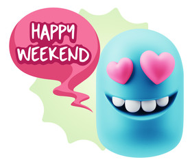 3d Rendering. Emoji in love with heart eyes saying Happy Weekend