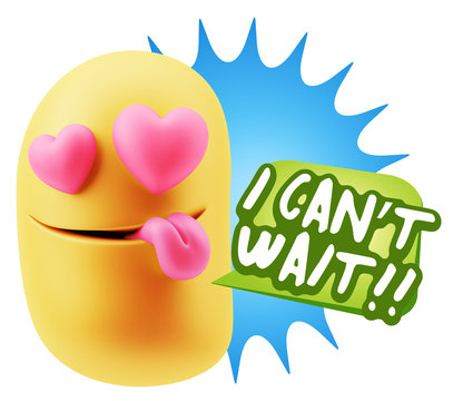 3d Rendering. Emoji in love with heart eyes saying I Can't Wait