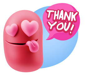 3d Rendering. Emoji in love with heart eyes saying Thank You wit