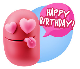 3d Rendering. Emoji in love with heart eyes saying Happy Birthda