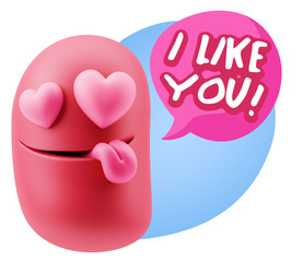 3d Rendering. Emoji in love with heart eyes saying I Like You wi