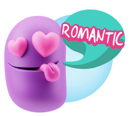 3d Rendering. Emoji in love with heart eyes saying Romantic with
