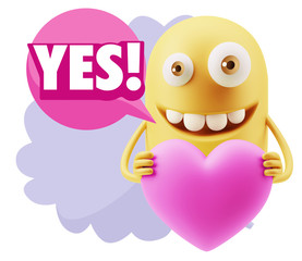 3d Rendering. Emoji in love holding heart shape saying Yes with