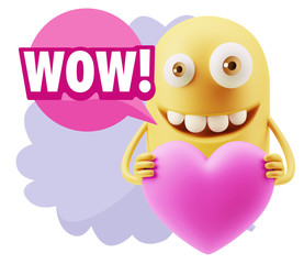 3d Rendering. Emoji in love holding heart shape saying Wow with