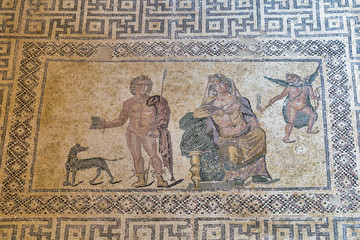 Ancient Greek floor mosaic in archaeologic park Kato Paphos, Cyprus.