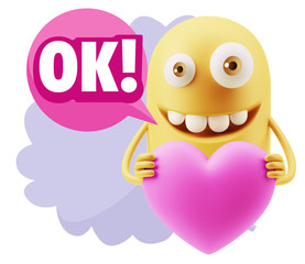 3d Rendering. Emoji in love holding heart shape saying Ok with C