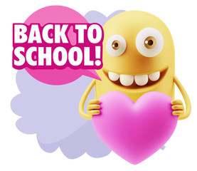 3d Rendering. Emoji in love holding heart shape saying Back To S